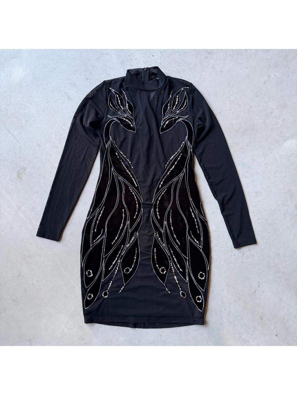 GUESS Embellished Long Sleeve Mesh Mini Dress Unique Gothic Glam Bird Dress NWT